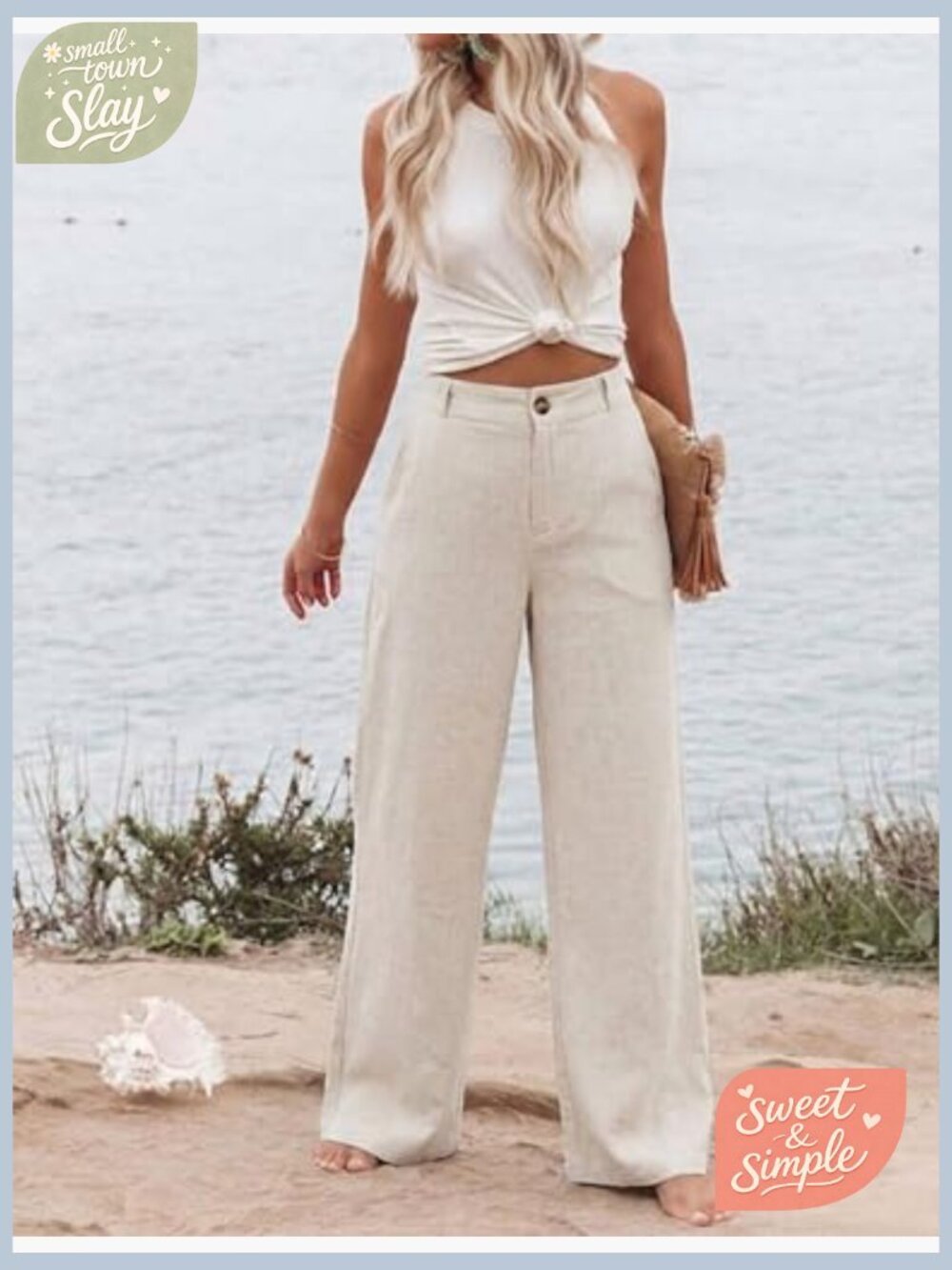 High Waisted Wide Leg Linen Pants Casual Button Up Trousers - Picture 3 of 7